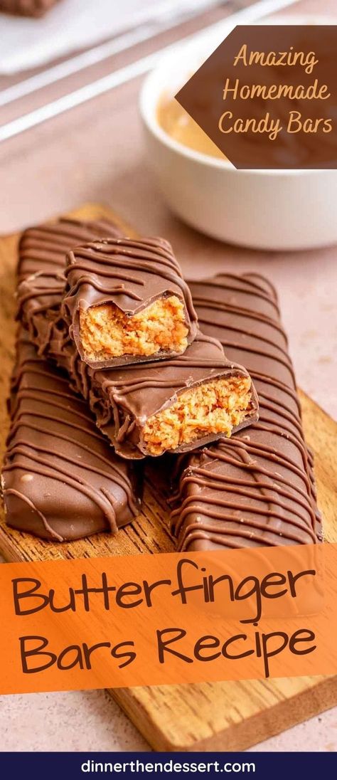 Butterfinger Bars are your favorite candy bar made even more delicious with creamy milk chocolate over a sweet and salty candy filling. Butter Finger Candy Recipe, Butterfinger Candy Bar, Copycat Butterfinger Recipe, Fast Break Candy Bar Recipe, Diy Butterfinger Candy, Chocolate Bar Filling, Butter Finger Bars, Sweet And Salty Candy, Butterfinger Bars Recipe