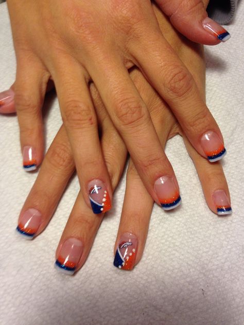 Bronco nails Denver Broncos Nails, Broncos Nails, Eagle Nails, Football Nail Art, Jasmine Nails, Sports Nails, Football Nails, Tiger Nails, Nail Tip Designs