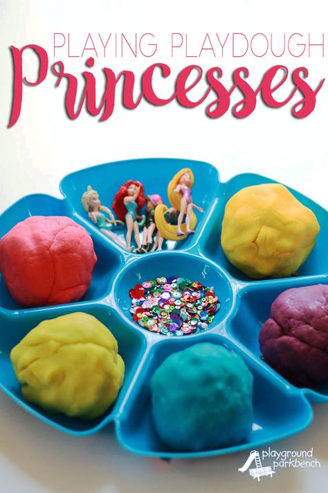 Do your kids love to watch the Disney Collector on YouTube? Tear them away from the screen and let them inspire and imagine Playdough Princesses creations of their very own! It will occupy them for hours, and costs next to nothing using the toys you already have and homemade playdough! | Dramatic Play | Imaginative Play | Sensory Play | Learning through Play | Disney Princess | Disney Activities, Dough Ideas, Princess Crafts, Playdough Activities, Playdough Kits, Playdough Recipe, Disney Collector, Homemade Playdough, Invitation To Play