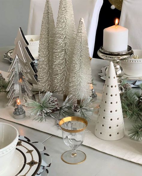 Love a winter wonderland filled with Christmas trees and snow village ornaments? Try 5 Tips: Christmas Tree Snow Village Table Setting - thetarnishedjewelblog.com. white and gold Christmas centerpiece and tablescape, table decorating idea Easy Christmas Table, Christmas Tablesetting, Christmas Setup, Place Setting Ideas, Christmas Lights On House, Christmas Tree Snow, Christmas House Lights, Xmas Theme, Christmas Dining Room