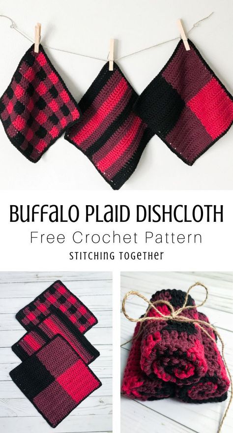 Buffalo Plaid Crochet, Plaid Crochet, Cabin Kitchen, Dishcloth Crochet Pattern, Crochet Towel, Crochet Dishcloth, Crochet Washcloth, Crochet Potholders, Crochet Kitchen