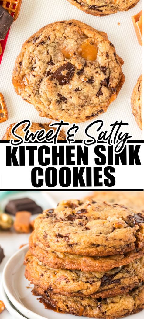 Filled with chocolate, caramel, and crushed pretzels, these Kitchen Sink Cookies are a Panera Bread copycat and the perfect blend of salty and sweet. One of these jumbo cookies is plenty to share, but you probably won't want to! | www.persnicketyplates.com Panera Bread Copycat, Copycat Panera Bread, Jumbo Cookies, Copycat Food, Sink Cookies, Lady Locks, Kitchen Sink Cookies, Special Cookies, Cookie Corner