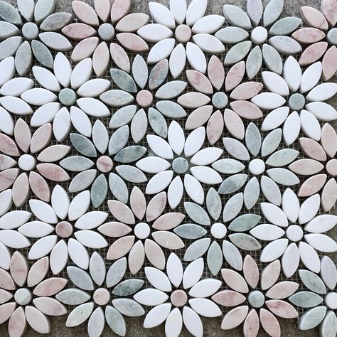 Daisy Flower Tile, Flower Tile Backsplash Farmhouse, Pretty Tile Floor, Floral Floor Tiles Bathroom, Flower Backsplash Kitchen Tile, Flower Floor Tiles, Flower Tile Backsplash Bathroom, Bathroom Floral Tiles, Floral Tile Bathroom Floor