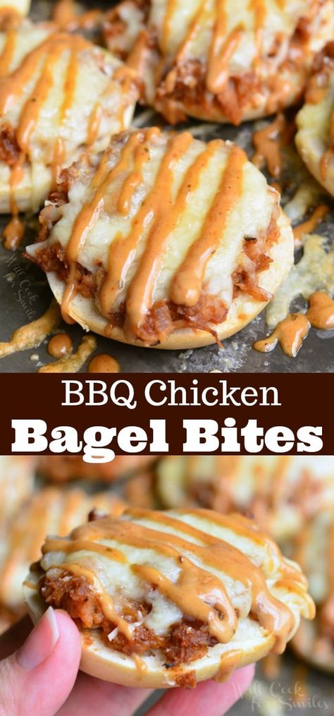 Asiago BBQ Chicken Bagel Bites - Will Cook For Smiles Asiago Bagel Topping, Recipes With Bagels, Bbq Finger Foods, Bbq Smoked Chicken, Chicken Bagel, Leftover Bbq Chicken Recipes, Leftover Bbq Chicken, Bbq Ranch Dressing, Bagel Bites