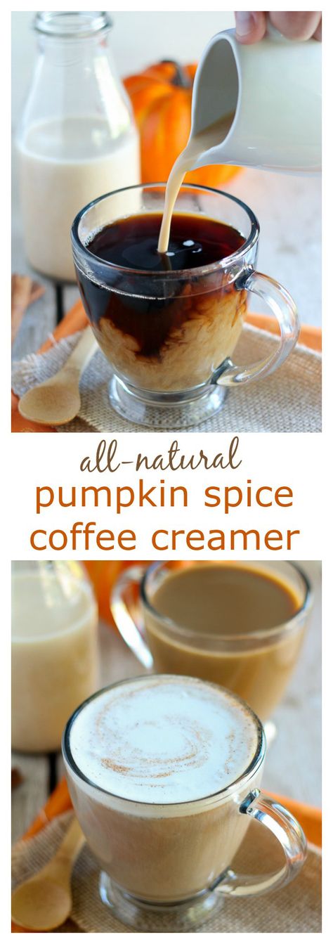 All-Natural Pumpkin Spice Creamer - Homemade pumpkin spice coffee creamer made with all natural ingredients, and no refined sugar. Filled with subtle flavors of pumpkin, warm spices, and vanilla, and sweetened with maple syrup. Pumpkin Spice Creamer Recipe, Homemade Pumpkin Spice Coffee Creamer, Homemade Pumpkin Spice Creamer, Pumpkin Coffee Creamer, Homemade Pumpkin Spice Coffee, Pumpkin Spice Coffee Creamer, Dairy Free Coffee Creamer, Pumpkin Spice Creamer, Dairy Free Coffee