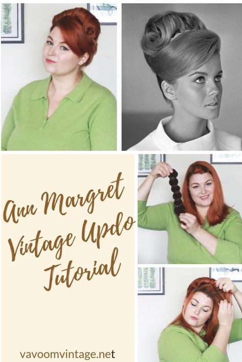 learn to do this easy 1960s Ann Margret inspired updo 1950s Updo Hairstyles, 1960s Hair Updo, 50s Updo Hairstyles Tutorial, 60s Hair Updo Vintage, 1960s Hair Tutorial, 1950’s Hair Updo, 1960s Updo Tutorial, Retro Hairstyles Tutorial, Vintage Updo