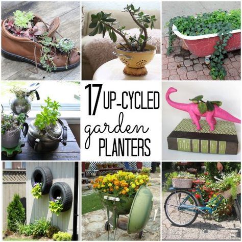 17 up-cycled garden pots...okay I'm not that fond of the old shoe, and I'd feel better if the tires were painted some brilliant color--but that's just me.Some of the others are cute : ) % Awesome Gardens, Unique Flower Pots, Upcycled Garden, Plants In Pots, Upcycle Garden, Pots And Planters, Patio Planters, Garden Containers, Outdoor Flowers