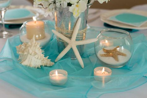 Sand, Pearls and Starfish Wedding Party Ideas | Photo 5 of 11 | Catch My Party Beach Centerpieces, Beach Wedding Tables, Beach Wedding Decorations Reception, Starfish Wedding, Beach Wedding Centerpieces, Beach Bridal Showers, Wedding Sand, Beach Themed Party, Wedding Party Ideas