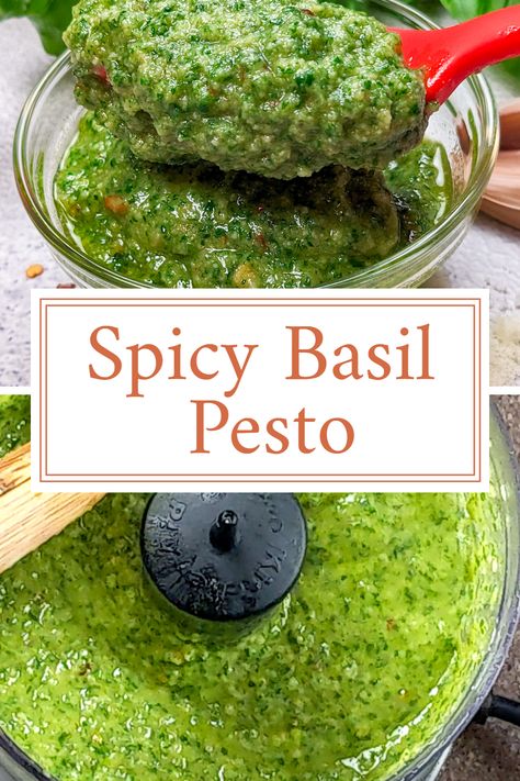 Basil was steeped in hot water and then shocked in ice to keep its bright green color. Then blended with grated Parmigiano-Reggiano and Pecorino Romano, pine nuts, extra virgin olive oil, and chili pepper flakes for a spicy twist. Basil Pesto Without Pine Nuts Recipe, Basil Pesto Recipe Without Pine Nuts, Pine Nut Recipes, Creole Sauce, Tomato Basil Chicken, Chicken Spring Rolls, Grilling Essentials, Broccoli Bake, Pecorino Romano