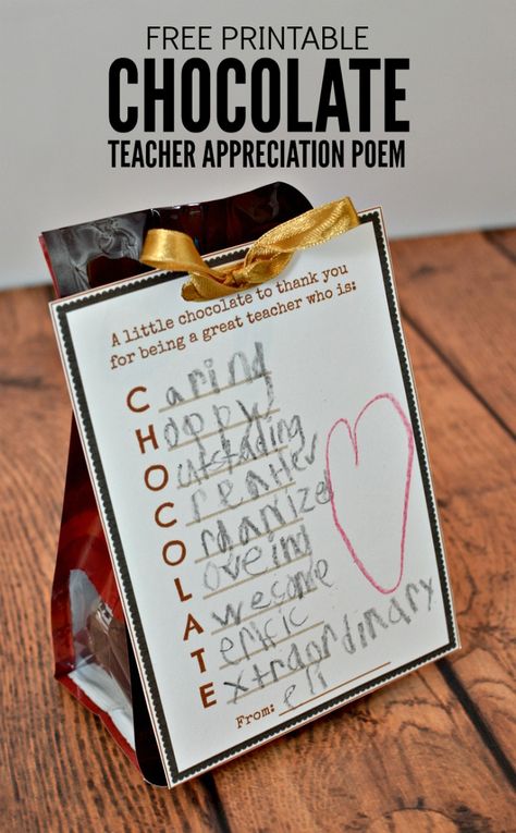 What a cute and easy idea for a teacher appreciation gift! Have your child write words to describe his or her teacher on this free printable tag then attach it to chocolate for Teacher Appreciation Week, Christmas or the end of the school year. Teacher Appreciation Week Printables, Teacher Appreciation Poems, Twix Candy, Cute Teacher Gifts, Teacher Appreciation Ideas, Appreciation Gift Ideas, Teachers Appreciation, Teacher Craft, Free Printable Tags