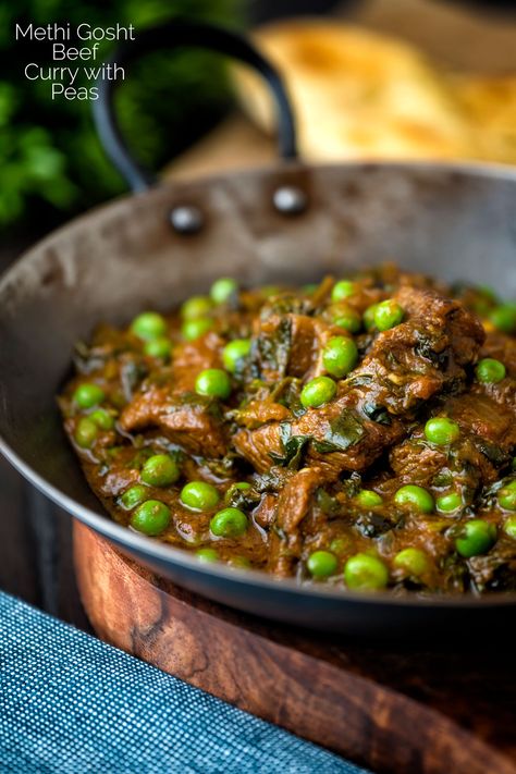 Methi gosht an Indian influenced curry featuring lots of fresh fenugreek, my version uses beef rather than mutton & adds sweet garden peas. It is a rich and hearty curry that slowly cooks for a couple of hours and makes the whole house smell amazing! Curry Peas, Potato Peas Curry, Mushroom Peas Curry, Indian Mutton Curry Recipes, Durban Mutton Curry Recipe, Garden Peas, Beef Curry, Indian Curry, Green Chilli