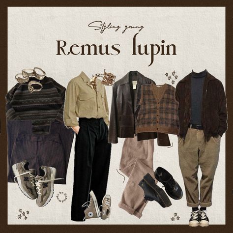 Remus Lupin Clothing Aesthetic, Bookish Outfits Men, Marauders Style Outfits, Remus Lupin Lookbook, Remus Lupin Summer Outfit, Marauders Outfit Ideas, Marauders Inspired Outfits, Marauders Moodboards, Male Aesthetic Outfit