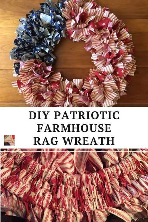 Patriotic Farmhouse Rag Wreath | Needlepointers.com Rag Wreath Tutorial, Wreath Paper, Rag Wreaths, Patriotic Diy, Americana Crafts, Rag Garland, 4th July Crafts, Wreath Project, Wire Wreath Frame