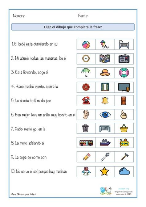 Elige el dibujo que completa la frase - Aula PT Beginner Spanish Lessons, Spanish Learning Activities, Community Helpers Theme, Bilingual Education, Speech Language Therapy, Spanish Lessons, Preschool Learning Activities, Montessori Activities, How To Speak Spanish