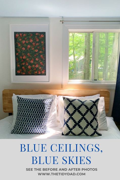 We painted 2 bedrooms in our cottage with fresh coats of Sherman Williams White Flour on the walls and Sherman Williams Aerial View on the ceilings. The light blue ceiling color was a bit of a risk, but it now almost feels like the bedrooms open directly into the sky above. We're sharing Before & After photos of both bedrooms and some of our favorite bedroom accessories & features! The Blue Ceilings almost make the bedrooms feel like they open directly into Blue Skies! #blueceiling #aerialview Light Blue Ceiling Bedroom, Painted Bedroom Ceiling, Colored Ceiling Bedroom, Blue Ceiling Bedroom, Light Blue Ceiling, Blue Ceiling Paint, Pale Blue Bedrooms, Bedroom Ceilings, Ceiling Color