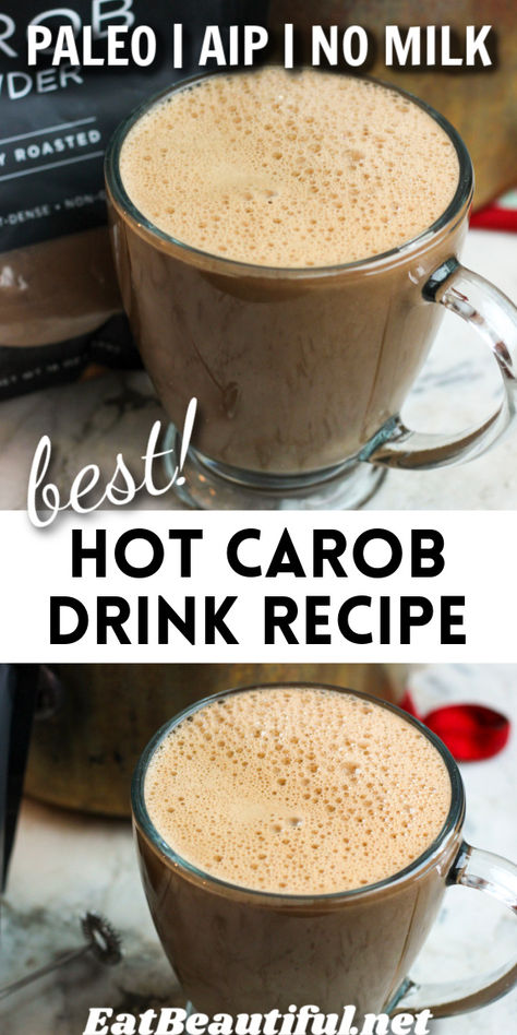 This Hot Carob Drink Recipe is so deliciously comforting: dark, frothy, rich, hot and creamy. It's a great replacement for hot chocolate, that's healthier, gentler and with better nutrients. No milk is used in this recipe, and it even includes a recipe for Hot Carob Drink Mix: a powder you can make in bulk, to just mix up your drink faster each time you want it. Or, give the Mix as a gift. Aip Hot Drinks, Hot Carob Drink Recipe, Aip Drinks, Carob Recipes, Primal Living, Eat Beautiful, Paleo Drinks, Beautiful Recipes, Carob Powder