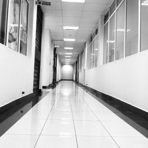 Sterile Hallways Sterile Aesthetic, Book Aestethic, Black And White Hallway, Aesthetic Reference, White Hallway, Set Aesthetic, Office Aesthetic, White Hall, Solitary Confinement