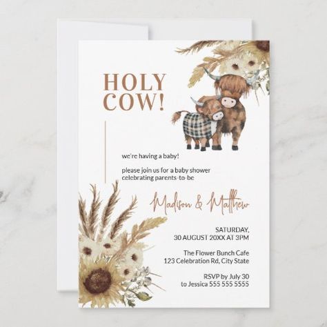 $2.93 | Holy Cow Sunflower Rustic Farm Baby Shower - holy cow baby shower, cow baby shower, highland cow shower, boho cow baby shower, highland cow, farm baby shower, holy cow invitation, pampas baby shower, sunflower baby shower, sunflower Cow Baby Shower Invitations, Cow Sunflower, Cow Nursery, Cow Baby Showers, Farm Baby Shower, Rustic Baby Shower Invitations, Sunflower Baby Showers, Baby Shower Theme Decorations, Western Baby