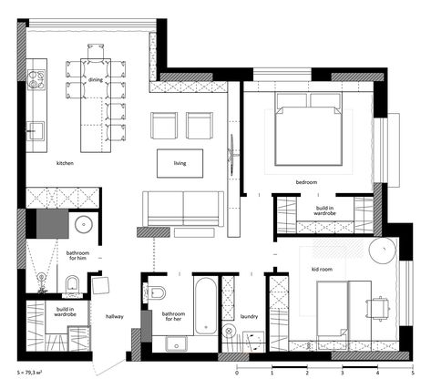 Designed in 2017 by K-BAND studio Kyiv, 79 sq m. Monochrome interior for family with bright yellow accents #kbandinterior #планировка #plan #планировкаквартиры #minimalasticinterior #interiordesign #homedesign #moderninterior #designmilk #archdaily #layout #tworoomedflat #flat1 Small Apartment Layout, Flat Plan, Flat Layout, Monochrome Interior, Simple House Plans, Floor Plan Layout, Apartment Layout, Bed Plans, 3d Floor