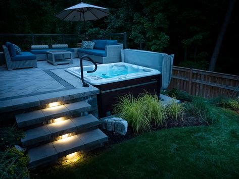 Transforming a Slippery Slope into an Enchanting Patio and Hot Tub Haven Hot Tub With Retaining Wall, Hot Tub On Hillside, Hot Tub Sunk In Deck, Hot Tubs Built Into Decks, Sunken Hot Tub Ideas, Outdoor In Ground Hot Tub, Backyard Patio Hot Tub Ideas, Sunken Hot Tub Deck Ideas, Deck With Hot Tub Ideas