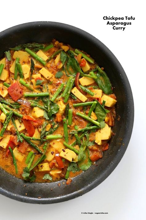 Easy Asparagus Curry with Chickpea Tofu and Indian Spices. Indian Vegan Gluten-free Soy-free Recipe. Serve with Rice or flatbread. | VeganRicha.com Asparagus Curry, Vegan Spring Recipes, Chickpea Tofu, Curry With Spinach, Easy Asparagus, Indian Vegan, Vegan Richa, Soy Free Recipes, Vegan Entree