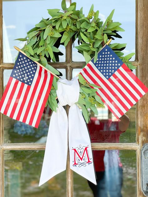 Americana Wreaths For Front Door, Holiday Routine, Patriotic Front Door, 4 July Usa, Memorial Day Decor, Patriotic Porch, Wreath Sash, Fourth Of July Wreath, Memorial Day Decorations