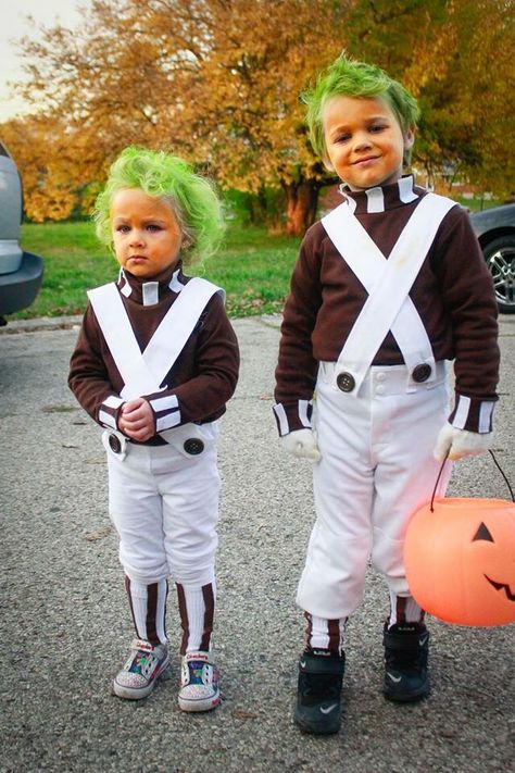 DIY matching Oompa Loompa  Halloween costumes, handmade costumes for kids… Oompa Loompa Costume Toddler, Oompa Loompa Halloween Costume, Brother Sister Halloween, Brother Sister Halloween Costumes, Oompa Loompa Costume, Wonka Costume, Sister Halloween Costumes, Matching Sister Outfits, Holloween Costumes