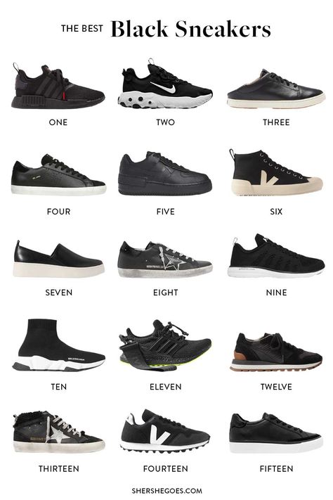 Black Sneakers Best Black Shoes For Women, Dressy Black Sneakers Women, Black Shoes For Women Casual, Mens Black Sneakers Outfit, Cute Black Sneakers For Women, Black Sneakers Adidas, Black Nike Shoes Outfits For Women, Black Fashion Sneakers Women, Best Black Sneakers Women