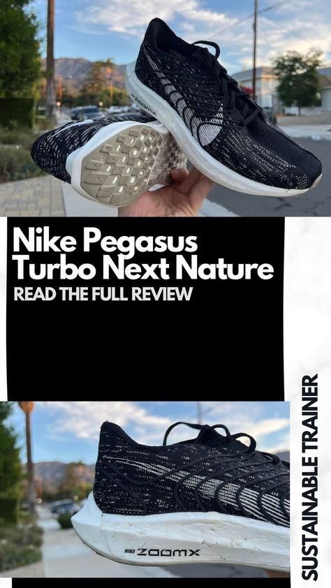 The Nike Pegasus Turbo Next Nature is a sustainable daily training shoe. Over 55% of the shoe's midsole features recycled ZoomX scraps, and the upper is made of 100% recycled yarn. Nike Pegasus Turbo Next Nature, Nike Pegasus Turbo, Nature Outfits, Nike Pegasus, Recycled Yarn, Running Shoes Nike, Nike Running, Sustainable Clothing, Training Shoes