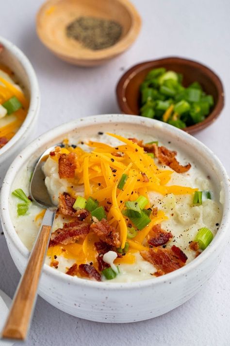 4-Ingredient Potato Soup Loaded Baked Potato Soup Recipe, Baked Potato Soup Recipe, Recipe With Cream Cheese, Loaded Baked Potato Soup, Philadelphia Cream Cheese, Baked Potato Soup, Loaded Baked Potatoes, Instant Pot Soup, Potato Soup Recipe