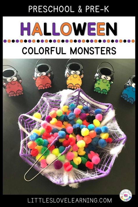 Halloween Activities for Preschool, Pre-K, & Kindergarten: This post includes 40+ of the BEST Halloween activities and centers for your early childhood classroom or homeschool. Ideas include literacy, math, fine motor, gross motor, sensory bins, sensory bag, art, and STEM. Your little learners will LOVE this unit if they love bats, witches, ghosts, and more! Add these ideas to your lesson plans and have fun learning this Halloween! #preschool #prek #kindergarten Halloween Themed Literacy Activities, Halloween Preschool Group Activities, Halloween Motor Skills Activities, Spiders Sensory Bin, Color Themed Sensory Bin, Halloween Science Center Preschool, Fun Halloween Kindergarten Activities, Pre K Halloween Math Activities, Preschool Art Activities Halloween