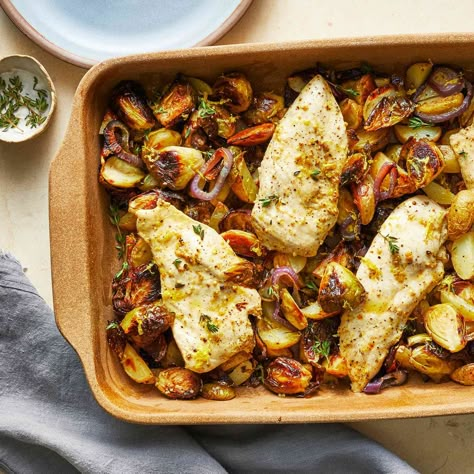 Dinner With Chicken, Eating Well Recipes, Sprouts Recipe, Chicken And Potatoes, Dump Dinners, Sheet Pan Meals, Chicken Potatoes, Pan Dinners, Low Cholesterol