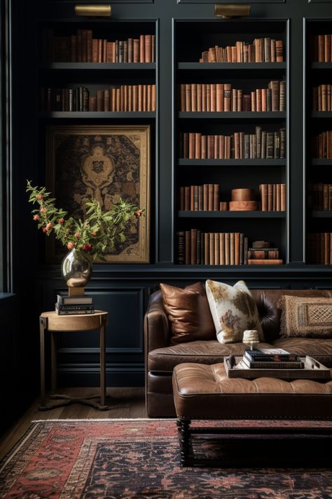 Home Library Chandelier, Lounge Library, Vintage Wall Bookshelf, Moody Library Aesthetic, Dark Library Room, Library Corner Living Room, Dark Academia Library Aesthetic, Library Sitting Room, Cozy Library Aesthetic