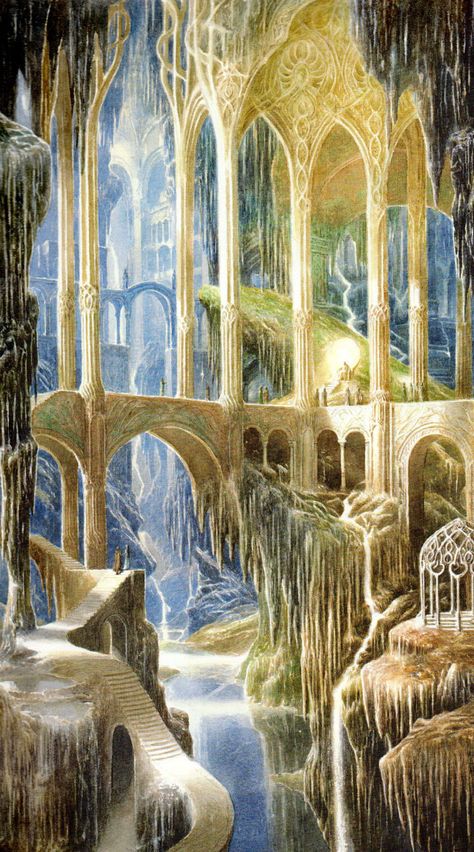 Nargothrond by Alan Lee Alan Lee Art, Elven City, Film Study, Rings Inspiration, Alan Lee, Middle Earth Art, Tolkien Art, Lotr Art, Fantasy City