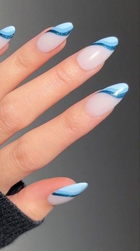 Winter Nails For January, Nail Ideas Neutral Colors, Oval Nail Designs Summer, Tone Nails Ideas, Blue Cruise Nails, Cool Nail Inspo 2024 Almond, Cute Beach Nail Ideas, Basic Nails Blue, Cut Nail Ideas