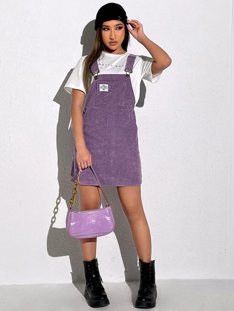 SHEIN Qutie Patch Detail Corduroy Overall Dress Without Tee | SHEIN USA Overalls Outfit Fall, Casual Knit Dress, Fall Purple, Corduroy Pinafore Dress, Fitted Knit Dress, Corduroy Overall, Corduroy Overall Dress, Overalls Outfit, Cozy Fall Outfits