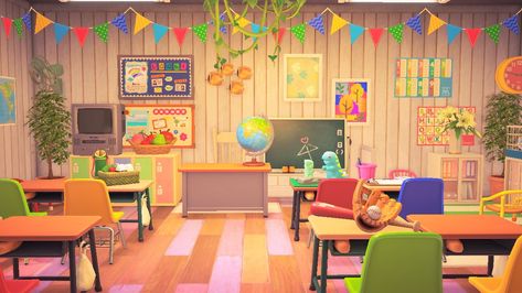 Happy Home Paradise School Ideas, Animal Crossing Happy Home Paradise School, Happy Home Designer School, Animal Crossing School Ideas, Acnh School Design Happy Home, Rooms Acnh, Animal Crossing School, Acnh School, Acnh Hhp