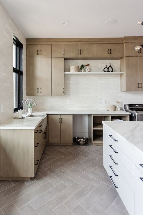 Neutral Laundry Room, White Oak Cabinet, White Oak Kitchen Cabinets, Room Tiles Floor, Herringbone Laminate Flooring, Laundry Room Paint Color, Laundry Room Tile, Herringbone Tile Floors, White Oak Kitchen