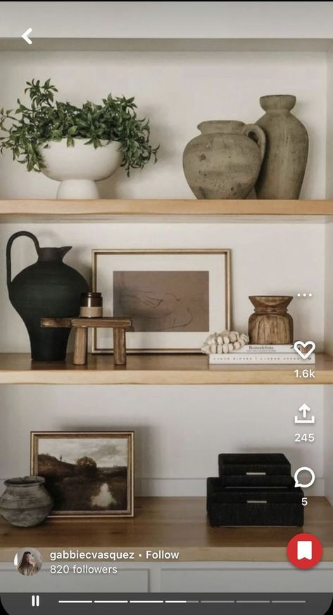 Decorating Shelves Living Room, Picture Layering On Shelf, Simple Built In Shelves Decor, Modern Farmhouse Shelf Styling, Plants On Built In Shelves, 2 Shelf Styling, Open Shelving Living Room Decor, Shelf Decor Dark Wood, Modern Shelving Decor