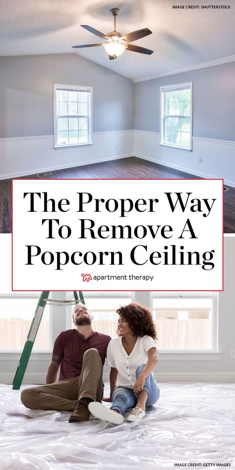 How to remove a popcorn ceiling, including step-by-step instructions. #popcornceiling #homerepairs #homerenovation #renovating #paintprojects #homeprojects #diyprojects How To Scrape Popcorn Ceilings Diy, How To Remove Popcorn Ceiling Diy, Diy Popcorn Ceiling Removal, Scraping Popcorn Ceilings Diy, Remove Popcorn Ceiling Easy Diy, How To Remove Popcorn Ceiling, How To Remove Popcorn Ceiling Easy, Painted Popcorn Ceiling Removal, Removing Popcorn Ceiling Easy