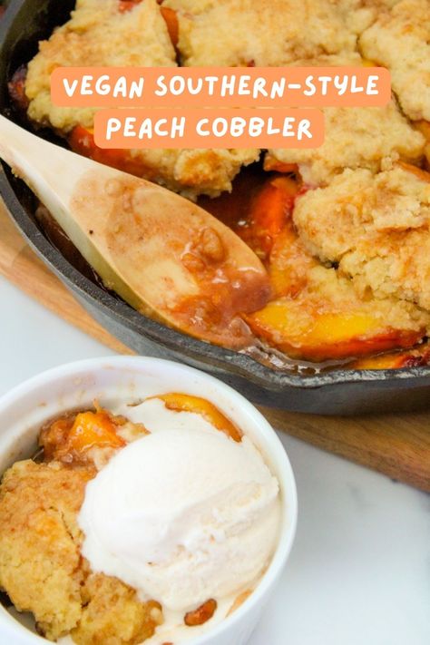 Not only is this vegan peach cobbler recipe unbelievably vegan, but it’s also unbelievably easy. A scratch-made decadent dessert that is surprisingly approachable. Vegan Peach Cobbler, Family Cookout, Peach Filling, Biscuit Crust, Vegan Peach, Cobbler Topping, Peach Syrup, Easy Vegan Dessert, Peach Cobbler Recipe