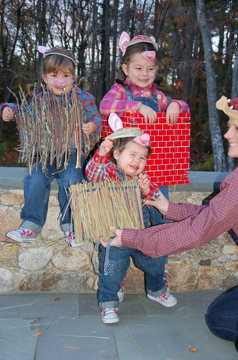 The three little pigs! The big bad wolf must have huffed & puffed and upset her! Lol 3 Little Pigs Costume, Triplet Costumes, Three Little Pigs Costume, Three Pigs, Pig Halloween, 2015 Halloween Costumes, Pig Costumes, The Big Bad Wolf, World Book Day Costumes