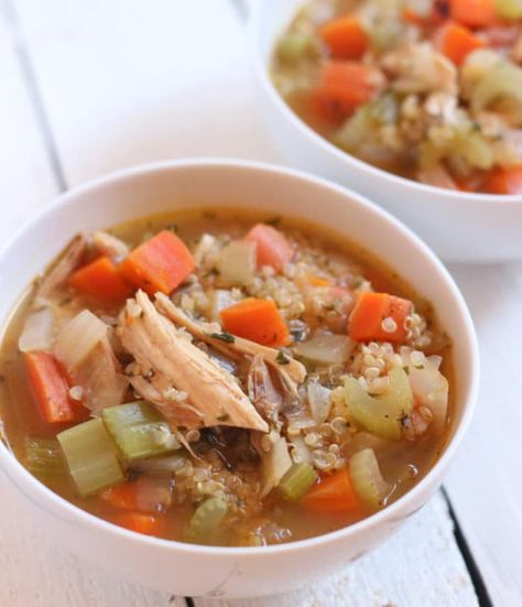 Use leftover turkey to make this nourishing and filling soup perfect for the holiday season Turkey Quinoa Soup, Soup With Quinoa, Quinoa Soup Recipes, Creamy Turkey Soup, Quinoa Vegetable Soup, Turkey Vegetable Soup, Turkey Quinoa, Wild Rose Detox Recipes, Leftover Turkey Soup