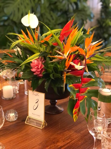 Tropical Flowers Table Decor, Elegant Tropical Centerpieces, Caribbean Table Decor, Terracotta Tropical Wedding, Tropical Flower Arrangements Centerpieces, Simple Tropical Centerpieces, Tropical Floral Centerpieces, Tropical Tablescape, Havana Nights Party Theme