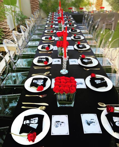 Black And Red Dinner Party Decor, Casino Theme Dinner Party, Hibachi Party Table Set Up, Hibachi Party Decor, Mafia Theme Party, Hibachi Party, 21st Birthday Boy, Mafia Party, 21 Dinner