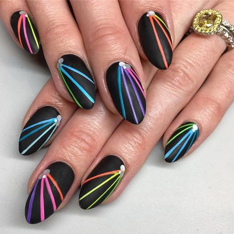 Mia at Sparkle SF Nail Studio (@superflynails) • Instagram photos and videos Black Rainbow Nails, Simple Black Nail Art, Tape Nail Art, Rainbow Nail Art, Rainbow Nail, Art Design Ideas, Black Nail Art, Almond Shape Nails, Black Nail Designs