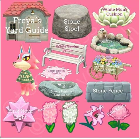 Freya's yard guide #animalcrossing #animalcrossingnewhorizons #acnh #yardguide #acnhyardguide Yard Guide Animal Crossing, Freya Acnh, Ac Ideas, Garden Wagon, Cherry Blossom Petals, Gaming Design, Animal Crossing Memes, Animal Crossing Guide, Animal Crossing Wild World