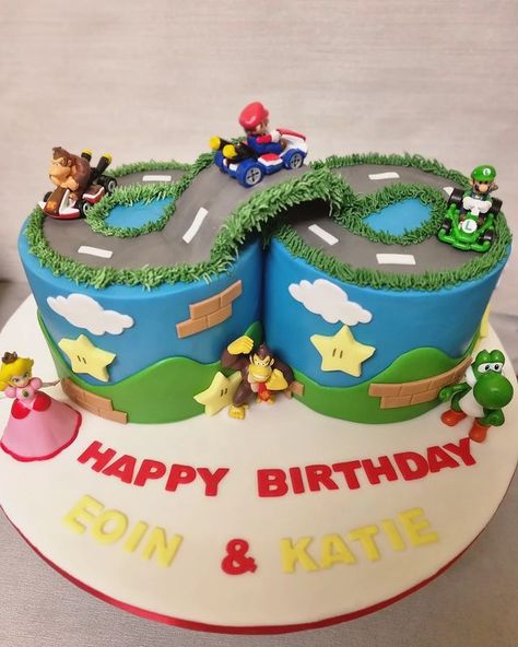 Mario Kart Birthday Cupcakes, Mario And Luigi Birthday Party Cake, Shared Birthday Cake Ideas, Mario And Luigi Twin Birthday, Mario Wonder Cake, Mario And Luigi Cake Ideas, Mario And Luigi Birthday Cake, Mario Kart Cupcakes, Mario Cart Cakes Birthday