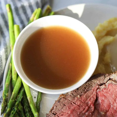 10 minute homemade au jus sauce for prime rib. Made with beef broth and no pan drippings. Add a rich and savory flavor boost to your favorite prime rib, roasted chicken, or french dip sandwiches! A Jus Sauce Recipe, Au Jus For Prime Rib, Aus Jus, Sauce For Prime Rib, Homemade Au Jus, Au Jus Sauce, Beef Stock Recipes, Jus Sauce, Prime Rib Sauce