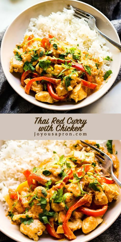 Thai Red Coconut Curry with Chicken - a quick and flavorful 30 minute Asian meal recipe! This curry recipe is comforting, flavorful and perfect for a busy weeknight. Combined with creamy coconut flavors, chicken, bell peppers, bamboo shoots and zucchini. #Asian #Thai #curry #coconut #chicken #bowlrecipe #easydinner #quickmeals #poultry #recipe #joyousapron Thai Red Curry With Bamboo Shoots, Red Curry Chicken Stir Fry, Chicken Curry With Zucchini, Zucchini Asian, Curry Coconut Chicken, Joyous Apron, Thai Red Curry Recipe, Creamy Coconut Curry, Chicken Bell Peppers